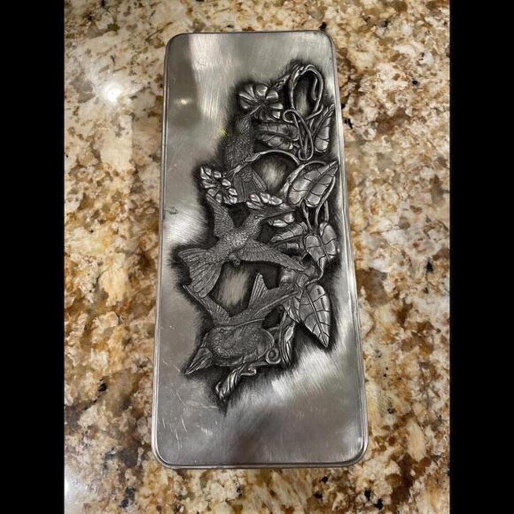 Metzke Tin Box Pewter Lid Hummingbird Vintage 9.5”x4”x1.5”